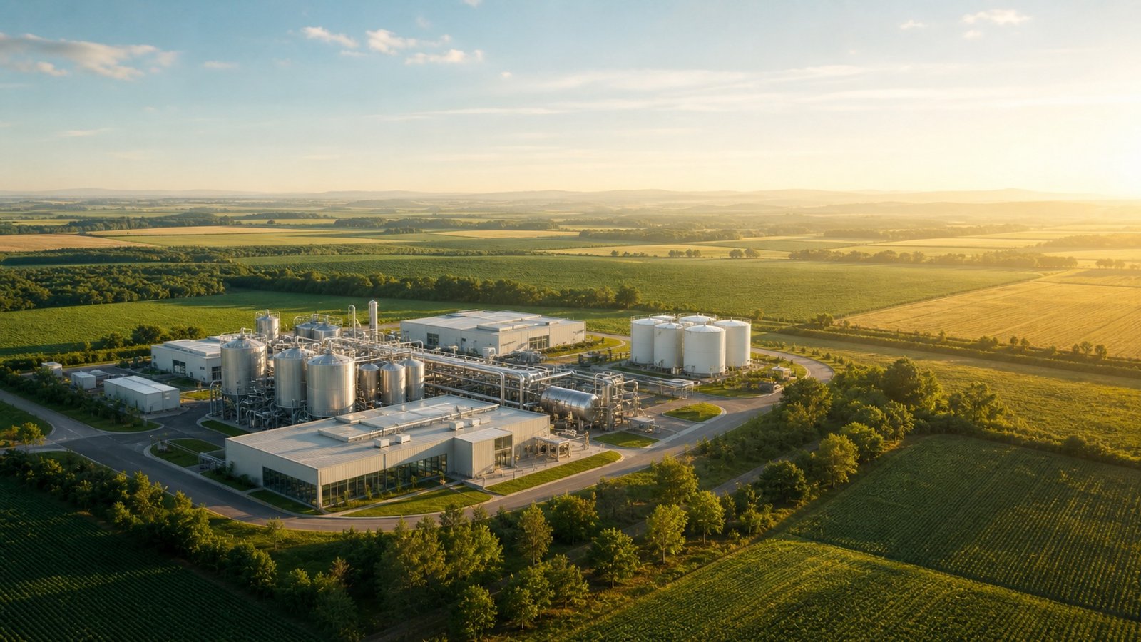 A clean industrial biotechnology facility set among green agricultural fields